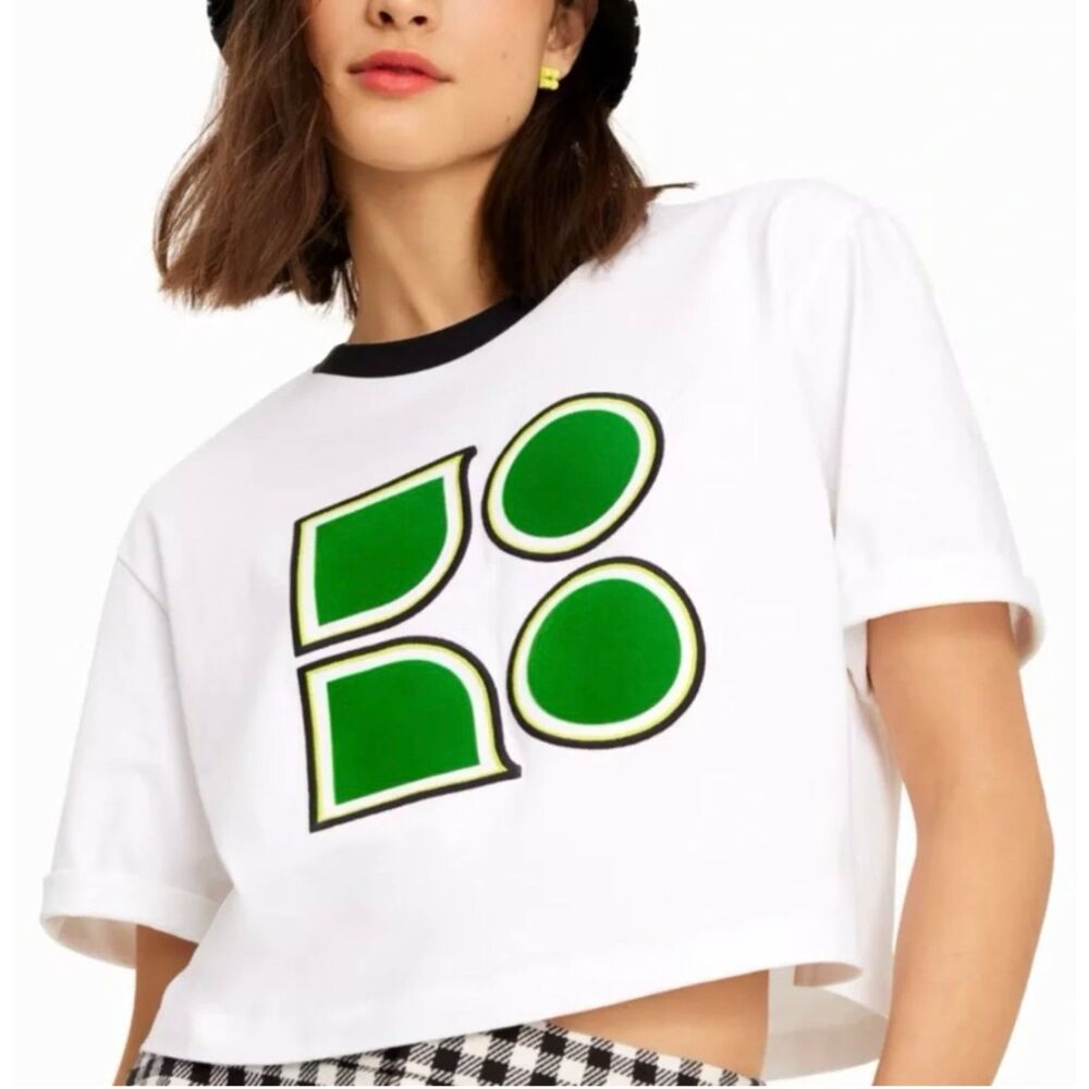 Kate Spade Noel Logo T-Shirt White Green XS Boxy Crop Cotton Ringer Tee